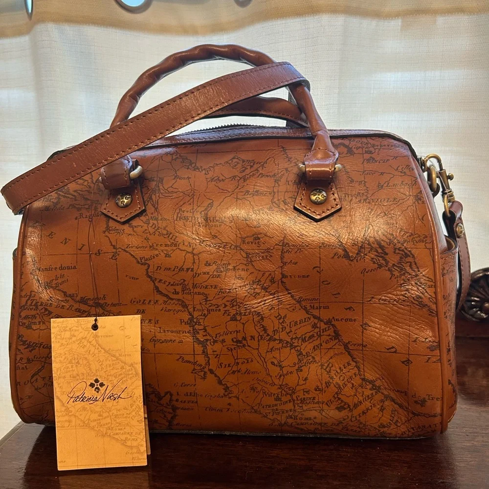 Patricia Nash Brown Map Print Skye Satchel Riot Rust Adjustable Strap NWT - Picture 1 of 13